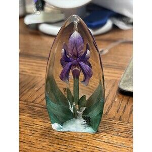 Mats Jonasson Sweden Etched Crystal Purple Lily Flower 3D 3” Chipped